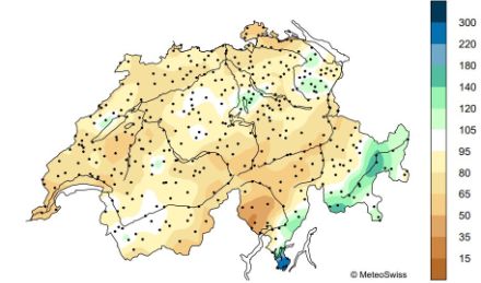 Figure 4. Répartition spatiale des sommes de précipitations en juillet 2024, représentée en % de la norme 1991-2020. 