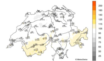 Figure 5. Répartition spatiale de l’ensoleillement en juillet 2024, représentée en % de la norme 1991-2020. 