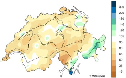 Répartition spatiale des sommes de précipitations en juillet 2024, représentée en % de la norme 1991-2020.