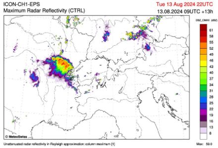 Réflectivité maximale du radar. Un violent orage est simulé par le modèle ICON-CH1 sur la Franche-Comté mardi 13 août entre 23h et 24h. Il devrait juste frôler l’ouest de la Suisse et l’Arc jurassien. La proximité de cette zone orageuse pourrait tout de même engendrer de fortes rafales de vent. 