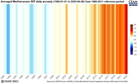 Anomalie journalière de la température moyenne de la surface de la mer Méditerranée par rapport à la période de référence 1982-2011 (données jusqu’au 30 avril 2023) sous forme de « climate stripes » ou de « rayure climatique ». 