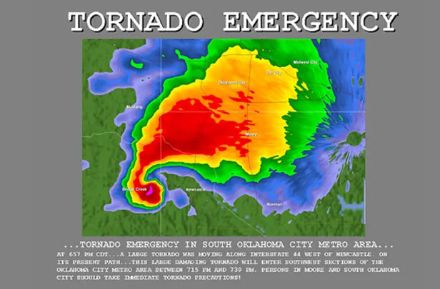 Figure 4 : image radar et texte de la première « urgence tornadique » émise aux Etats-Unis par le NWS de la NOAA le 3 mai 1999 lors d’un important épisode tornadique.