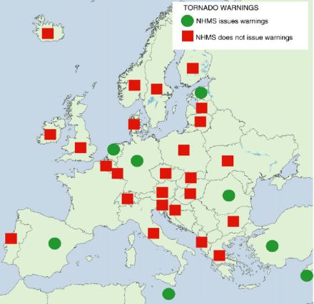Figure 6 : la mise-en-place ou non d’alertes à la tornade dans les centres nationaux de prévision météorologiques des pays européens lors d’un recensement en 2009.