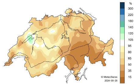 Carte de la Suisse sur la répartition des précipitations en août