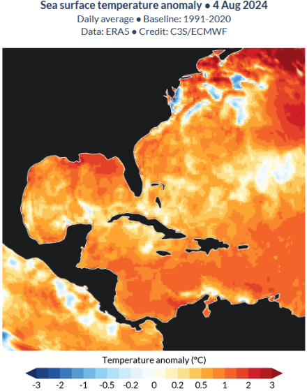 Figure 3 : anomalie de température de la mer des Caraïbes le 4 août 2024. Source : ERA5, C3S/ECMWF