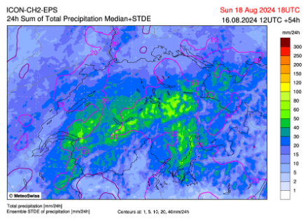 Médiane des précipitations du modèle ICON 2 de dimanche 0z à lundi 0z.