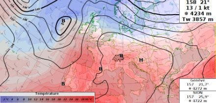 Carte en altitude à 850 hPa (environ 1500 m) centrée sur l'Europe valide dimanche à 14 h.