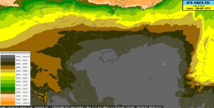 Altitude géopotentielle de l'isotherme du 0 °C prévue samedi soir à 20 h.