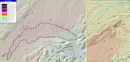 Prévision des vents en beaufort du modèle ICON 2, pour les lacs Léman, de Neuchâtel, de Bienne et de Morat, lundi vers 15h