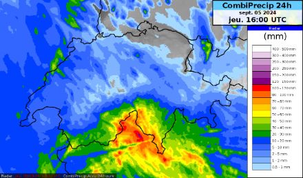 Carte des cumuls des précipitations (en mm) tombées en 24 heures entre le mercredi 04.09 16 h UTC et le jeudi 05.09.2024 16 h UTC.
