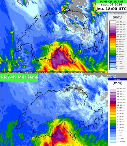 Cartes des cumuls de précipitations (en mm) sur 24 heures prévus pour la période du mercredi 04.09 18 h UTC au jeudi 05.09.2024 18 h UTC. Scénarios de contrôle (haut) et médian (bas) du modèle ICON-CH-1E.