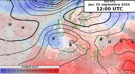 Carte du géopotentiel (=pression) et de la température à 850 hPa (vers 1500 m) prévus pour le jeudi 05.09.2024 à 12 h UTC. Modèle IFS.