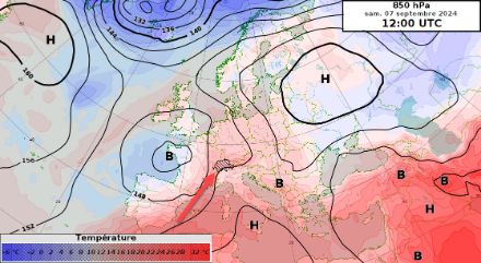 Carte du géopotentiel (en décamètres, =pression) et température (en °C) prévu par le modèle IFS Haute Résolution pour le samedi 7 septembre 2024 à 12 h UTC.