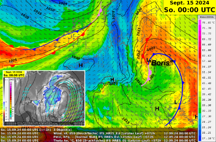 Pression au sol (isolignes noires), fronts, température potentielle équivalente (colorée) et vent à 850 hPa. Prévisions à 72 heures du modèle déterministe ECMWF HRES pour la nuit du samedi au dimanche 15 septembre 2024.