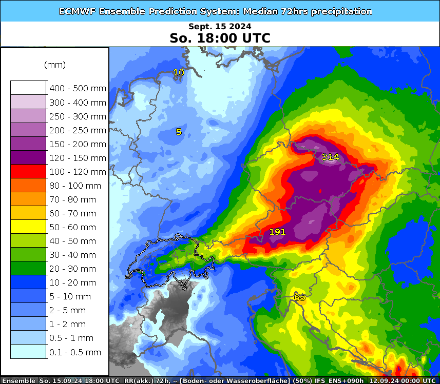 Cumul des précipitations sur 3 jours de jeudi soir 12 septembre à dimanche soir 15 septembre du système de prévision probabiliste du CEPMMT, EPS (médiane)