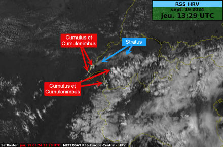 Image satellite visible de 15h29 locales. Des cumulonimbus sont visibles sur le Jura et les Alpes alors que des nappes de stratus sont encore présentes sur le Plateau.