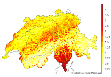 Nombre d'impacts de foudre par an et par kilomètre carré en Suisse pour la période 2000 à 2020. Seuls figurent  les impacts principaux, non les impacts secondaires.