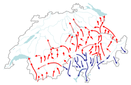 Les vallées typiques de Suisse avec fœhn du sud (rouge) et fœhn du nord (bleu).