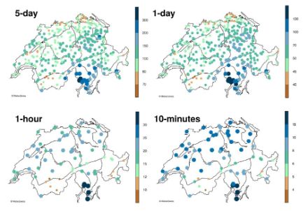 Moyenne des valeurs maximales annuelles des précipitations (mm) sur 5 jours et sur 1 jour (ligne supérieure) ainsi que sur 1 heure et sur 10 minutes (ligne inférieure). 