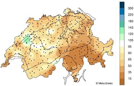 Figure 4. Répartition spatiale des sommes de précipitations en août 2024, représentée en % de la norme 1991-2020. 