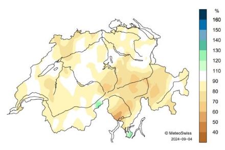 Figure 7. Répartition spatiale des sommes de précipitations en été 2024, représentée en % de la norme 1991-2020.