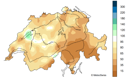Figure 5. Distribution spatiale des précipitations d'août 2024 en Suisse, représentées en pourcentage de la norme 1991-2020. 