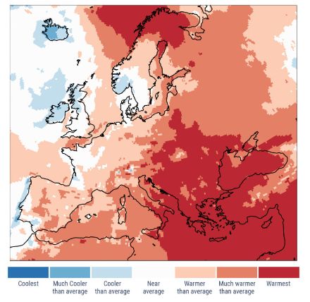 Figure 4. Anomalie de la température moyenne de l’été 2024 en Europe par rapport à la norme 1991-2020.  Les couleurs représentent une classification de l'anomalie basée sur les percentiles de la distribution 1979-2024.