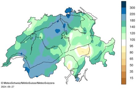Figure 5. Répartition spatiale des sommes de précipitations du 1er au 26 septembre 2024, représentée en % de la norme 1991-2020.