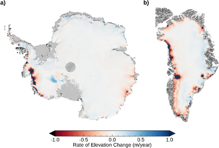 Cartes des taux de changement d'élévation de la surface des glaces continentales de l'Antarctique et du Groenland entre 2010 et 2021, dérivées de l'altimétrie radar du satellite CryoSat-2