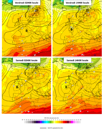 Altitude géopotentielle à 500 hPa (lignes noires, montrant la pression vers 6000 m), et température en air libre à 850 hPa (environ 1500 m) entre vendredi matin et samedi à midi. Les symboles B montrent la position de la zone dépressionnaire. Données du modèle IFS-HRES.