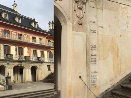 Marques des niveaux atteints par l’Elbe au château de Pillnitz à Dresde. 2002 est tout en haut, à côté du niveau de 1845.