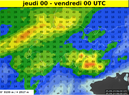 Cumuls de précipitations prévus jeudi 26.09 sur 24h par le modèle IFS-HRES, run du 25.09.2024 à 06 UTC. 