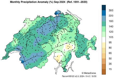 Répartition spatiale des sommes de précipitations en septembre 2024, représentée en % de la norme 1991-2020.