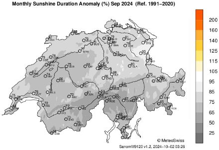Répartition spatiale de l’ensoleillement en septembre 2024, représentée en % de la norme 1991-2020.