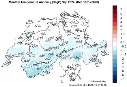 Ecart à la norme 1991-2020 de la température moyenne en septembre 2024.
