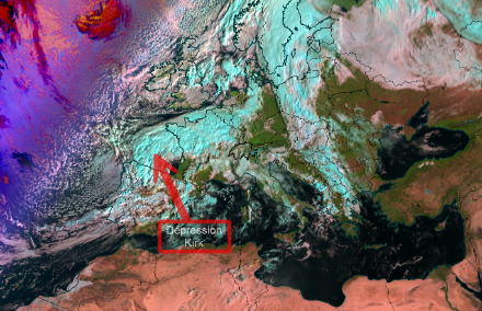 Image satellite  de l'Europe. Le paquet nuageux sur le golf de Gascogne est lié à la dépression Kirk, formée par les restes de l'ouragan Kirk.