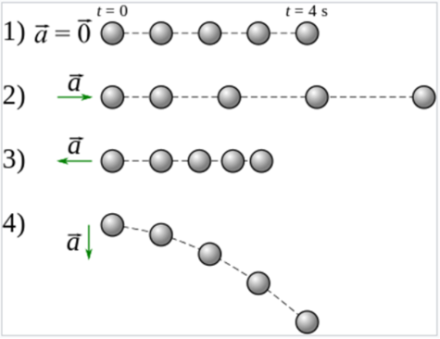 Schéma illustrant les types d’accélération. En 1 le mouvement ne subit aucune accélération ; en 2 la vitesse augmente régulièrement (accélération positive tangentielle) ; en 3 la vitesse diminue régulièrement (accélération négative tangentielle) ; en 4 l’accélération entraîne une courbure de la trajectoire (accélération centripète). Source : wikipédia