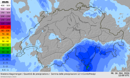 Figure 1 : cumul de précipitations entre 2h et 14h locale le 16 octobre 2024. Source : mesure radar et pluviomètre. A noter que le radar de Monte Lema au Tessin n’était pas fonctionnel et les quantités au sud des Alpes peuvent être sous-estimées.