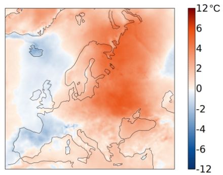 Répartition spatiale de la température en septembre 2024 en Europe. L’écart (en °C) à la norme 1991-2020 est représenté. 