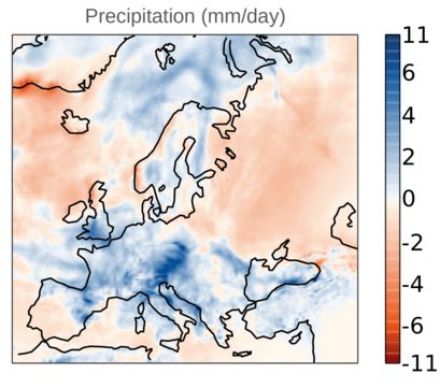Anomalie des précipitations mensuelles en septembre 2024 en Europe, représentée en millimètres/jour. 