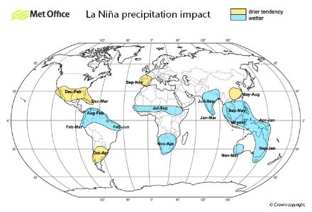 Influence de La Niña sur les précipitations dans différentes régions du monde. Le bleu signifie plus de précipitations que la normale, le jaune moins de précipitations que la normale
