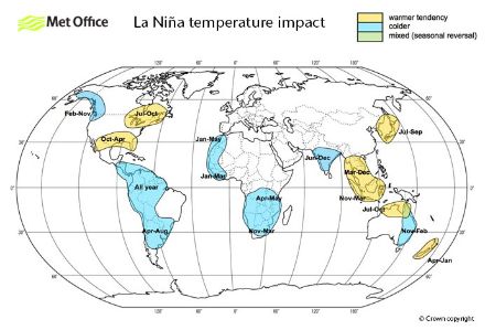 Influence de La Niña sur les températures dans différentes régions du monde. Le bleu signifie plus froid que la normale, le jaune plus chaud que la normale.