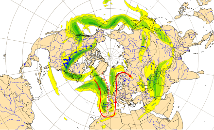 Le jet-stream lié aux ondes de Rossby fait le tour de la Terre, ondulant de manière à maintenir constante la vorticité absolue par variation de la vorticité relative. Ici une prévision de vent à 300 hPa (env. 10'000 m) centrée sur le pôle nord, pour dimanche 27 octobre à 00 UTC. La trajectoire sinusoïdale est perceptible, bien qu’assez chaotique ; il y a toujours un monde de la théorie à la pratique. On distingue sur cette image le courant de secteur sud qui sera responsable demain samedi d’abondantes précipitations au sud des Alpes. Source : EC-charts@ECMWF