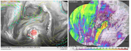 29 juin 2024 : une zone dépressionnaire marquée associée à un faible jet-stream engendre une ascendance généralisée de la masse d’air sur son flanc nord (image de gauche : le traitillé montre la zone de vorticité, l’ellipse rouge à la verticale de la Suisse (carré rouge) montre la zone d’ascendance). Il en résultera d’abondantes précipitations convectives au sud des Alpes et dans le Haut-Valais (image de droite : cumuls de pluie sur 24 heures) ; ces dernières provoqueront une crue historique du Rhône. Source : MétéoSuisse