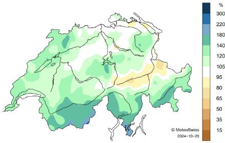 Carte de la Suisse sur la répartition des précipitations en octobre 2024.