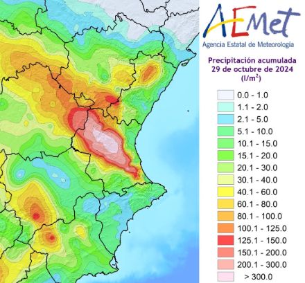 Somme des précipitations le 29 octobre 2024 dans la région de Valence. Source : Service météorologique espagnol AEMET via X