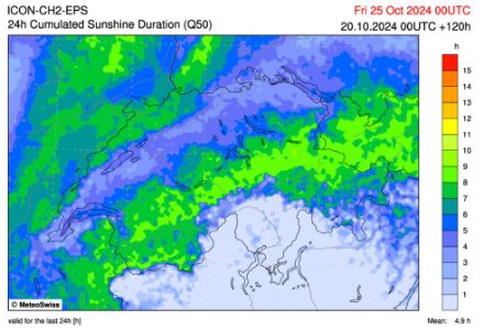 Ensoleillement prévu par les modèles ICON-2E (valeur médiane) pour la journée du jeudi 24 octobre 2024. Entre 8 et 10 heures de soleil sont pévues en montagne, seulement 1 à 4 sur le Plateau. 