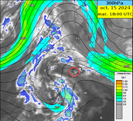 Figure 4 : géopotentiels (niveaux) + courant jets prévus à la 300 hPa (env. 9500 m d’altitude) et nébulosité prévue en soirée du mardi 15 octobre par le modèle européen (ECMWF-IFS-HRES). La présence d’une dorsale de haute pression au-dessus de la Suisse devrait assurer des conditions plutôt clémentes et assez dégagées ce soir en Suisse romande, hormis la présence de quelques voiles de nuages élevés, plus ou moins denses.