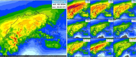 Cartes de la médiane, de quantiles et des modèles de contrôle (ICON-CH2_EPS) . Modèle du 01.10.2024 06h00 UTC. Ces scénarios montrent des cumuls importants un peu plus en direction du nord.
