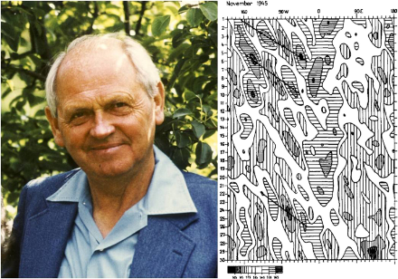 Ernest Hovmöller (1912–2008) dans les années 1990 et un de ses premiers diagrammes temps-longitude. Source : AMS Journal